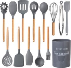 Country Kitchen Silicone Cooking Utensils, 14 Pc Kitchen Utensil Set, Easy to Clean Wooden Kitchen Utensils, Cooking Utensils for Nonstick Cookware, Kitchen Gadgets and Spatula Set, Gray
