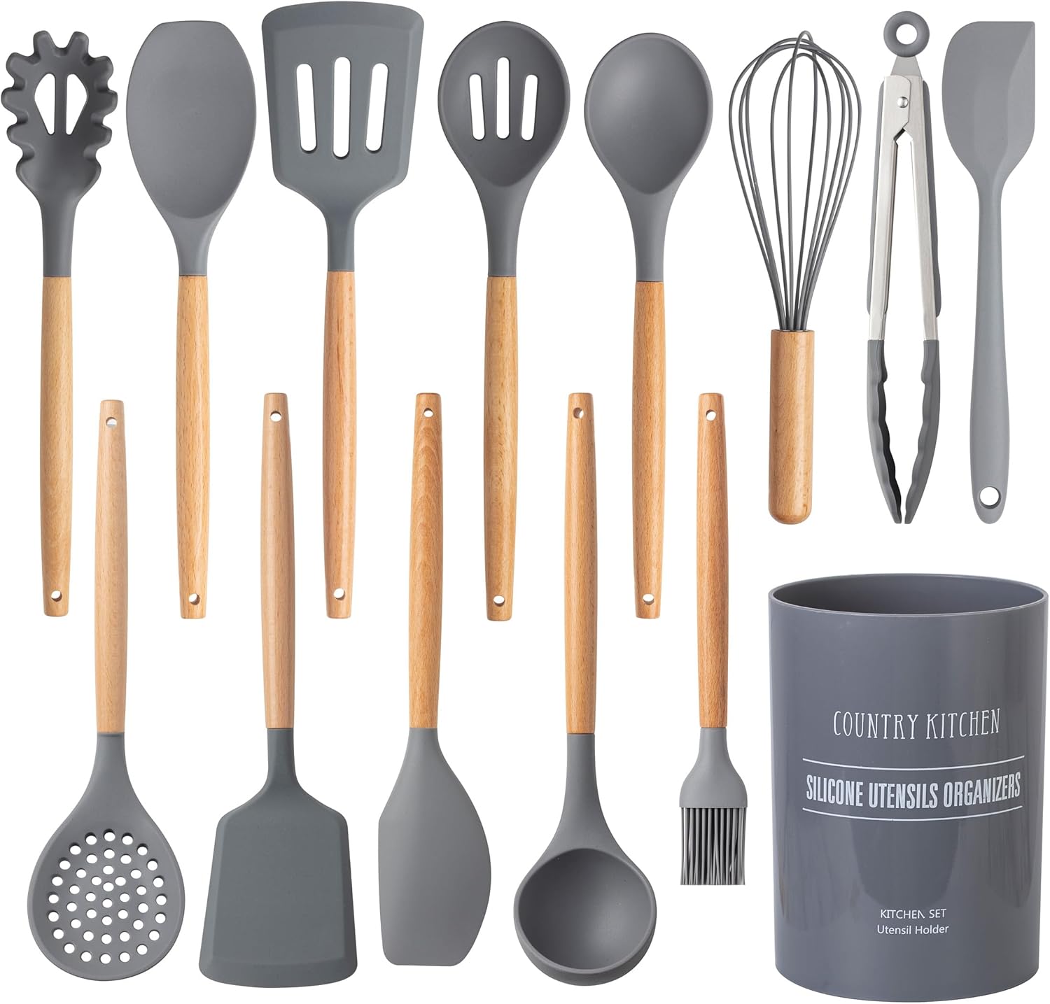 Country Kitchen Silicone Cooking Utensils, 14 Pc Kitchen Utensil Set, Easy to Clean Wooden Kitchen Utensils, Cooking Utensils for Nonstick Cookware, Kitchen Gadgets and Spatula Set, Gray Country Kitchen Silicone Cooking Utensils, 14 Pc Kitchen Utensil Set, Easy to Clean Wooden Kitchen Utensils, Cooking Utensils for Nonstick Cookware, Kitchen Gadgets and Spatula Set, Gray