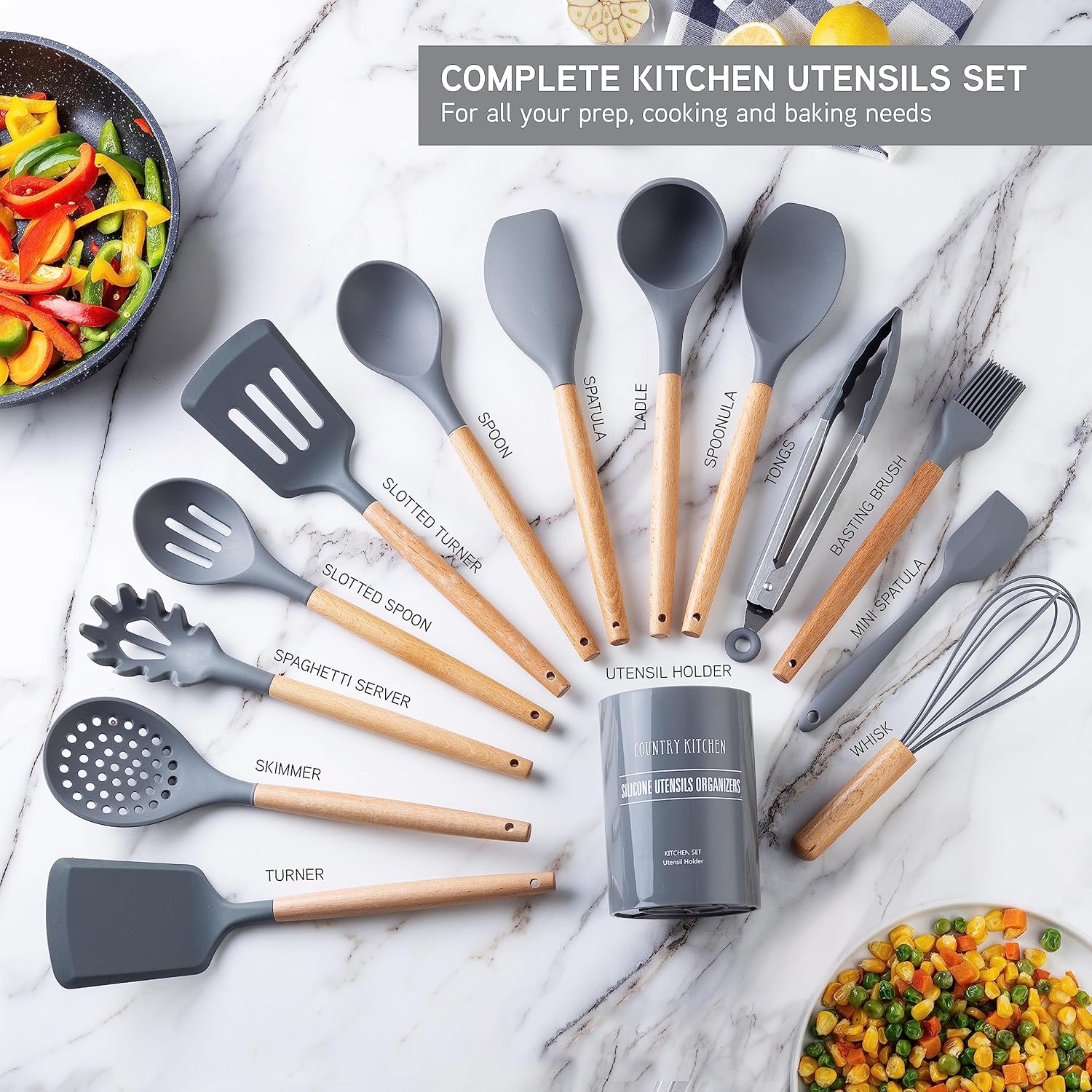 Country Kitchen Silicone Cooking Utensils, 14 Pc Kitchen Utensil Set, Easy to Clean Wooden Kitchen Utensils, Cooking Utensils for Nonstick Cookware, Kitchen Gadgets and Spatula Set, Gray1