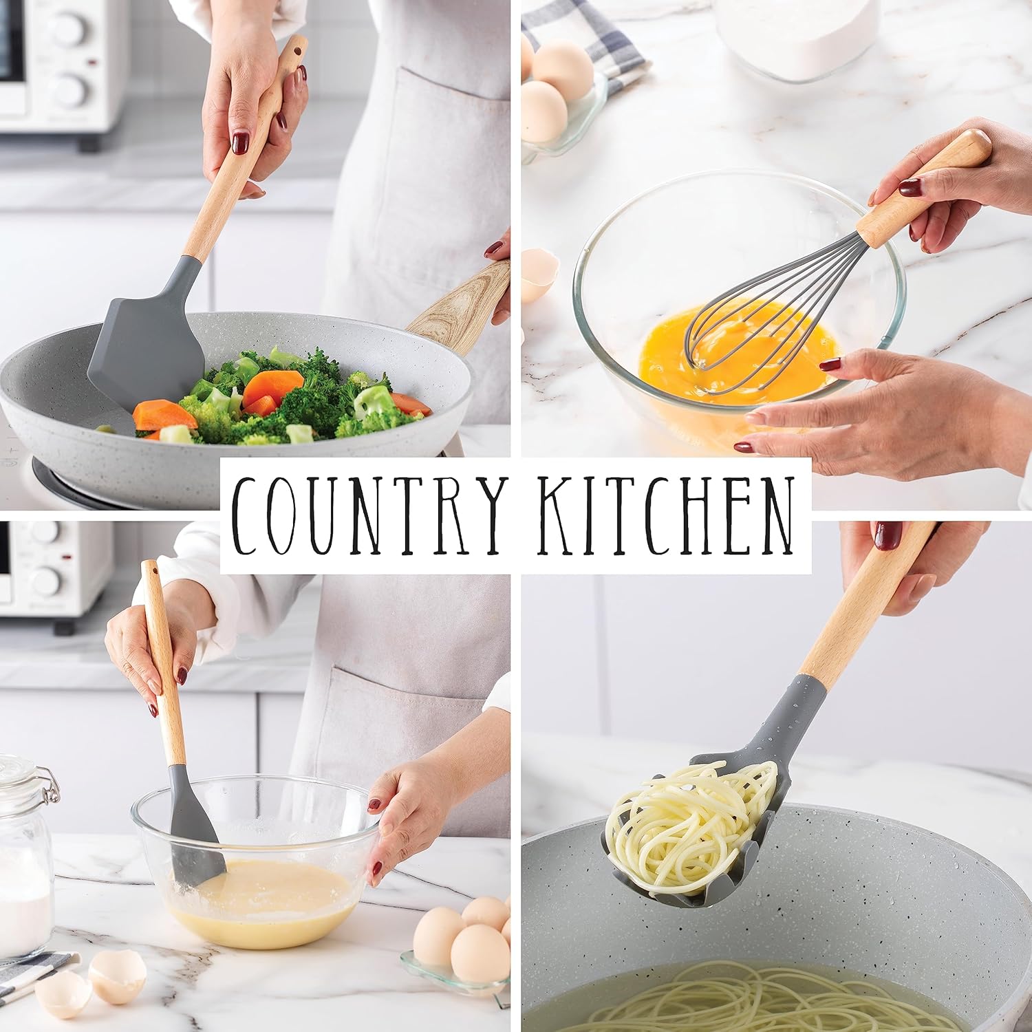 Country Kitchen Silicone Cooking Utensils, 14 Pc Kitchen Utensil Set, Easy to Clean Wooden Kitchen Utensils, Cooking Utensils for Nonstick Cookware, Kitchen Gadgets and Spatula Set, Gray3