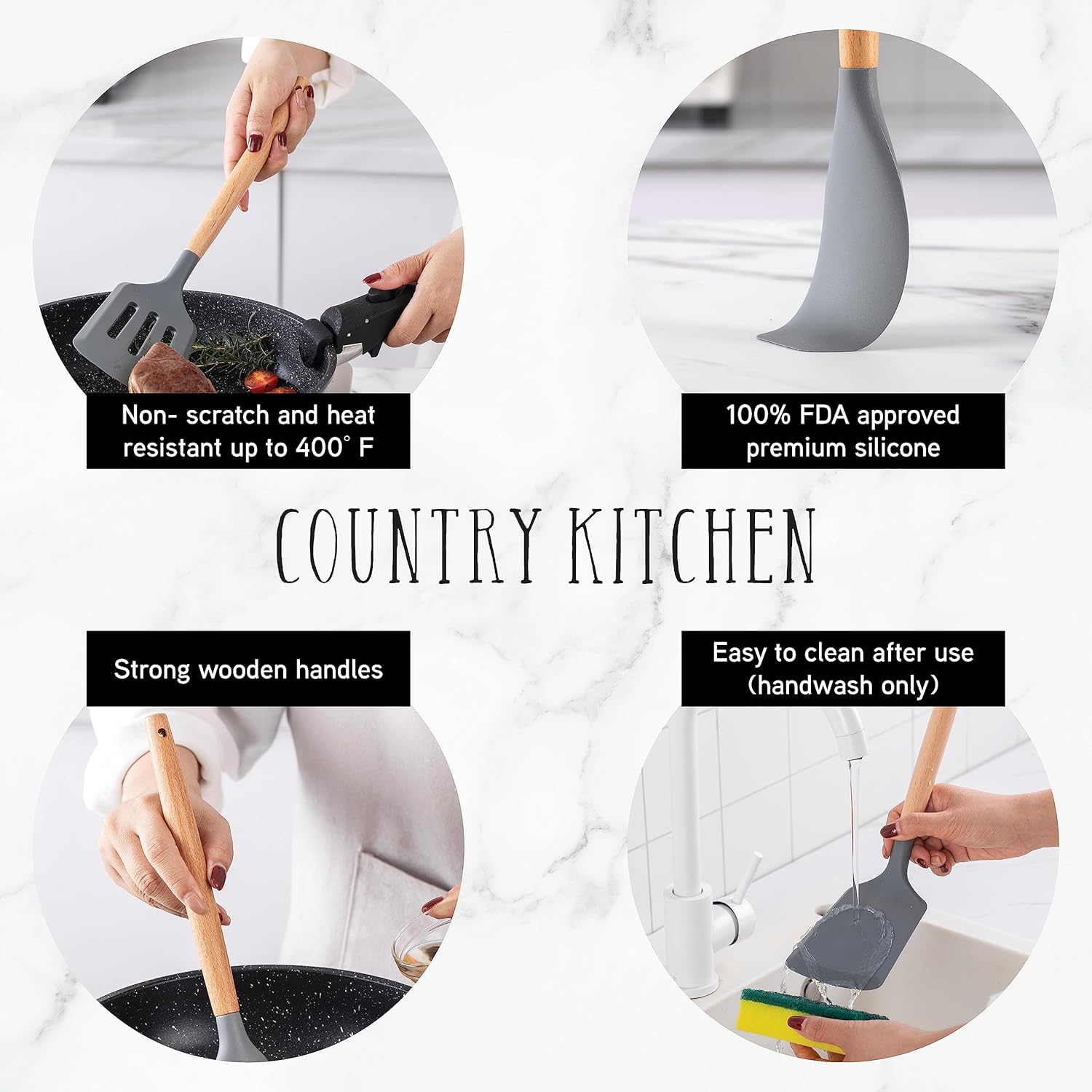 Country Kitchen Silicone Cooking Utensils, 14 Pc Kitchen Utensil Set, Easy to Clean Wooden Kitchen Utensils, Cooking Utensils for Nonstick Cookware, Kitchen Gadgets and Spatula Set, Gray6