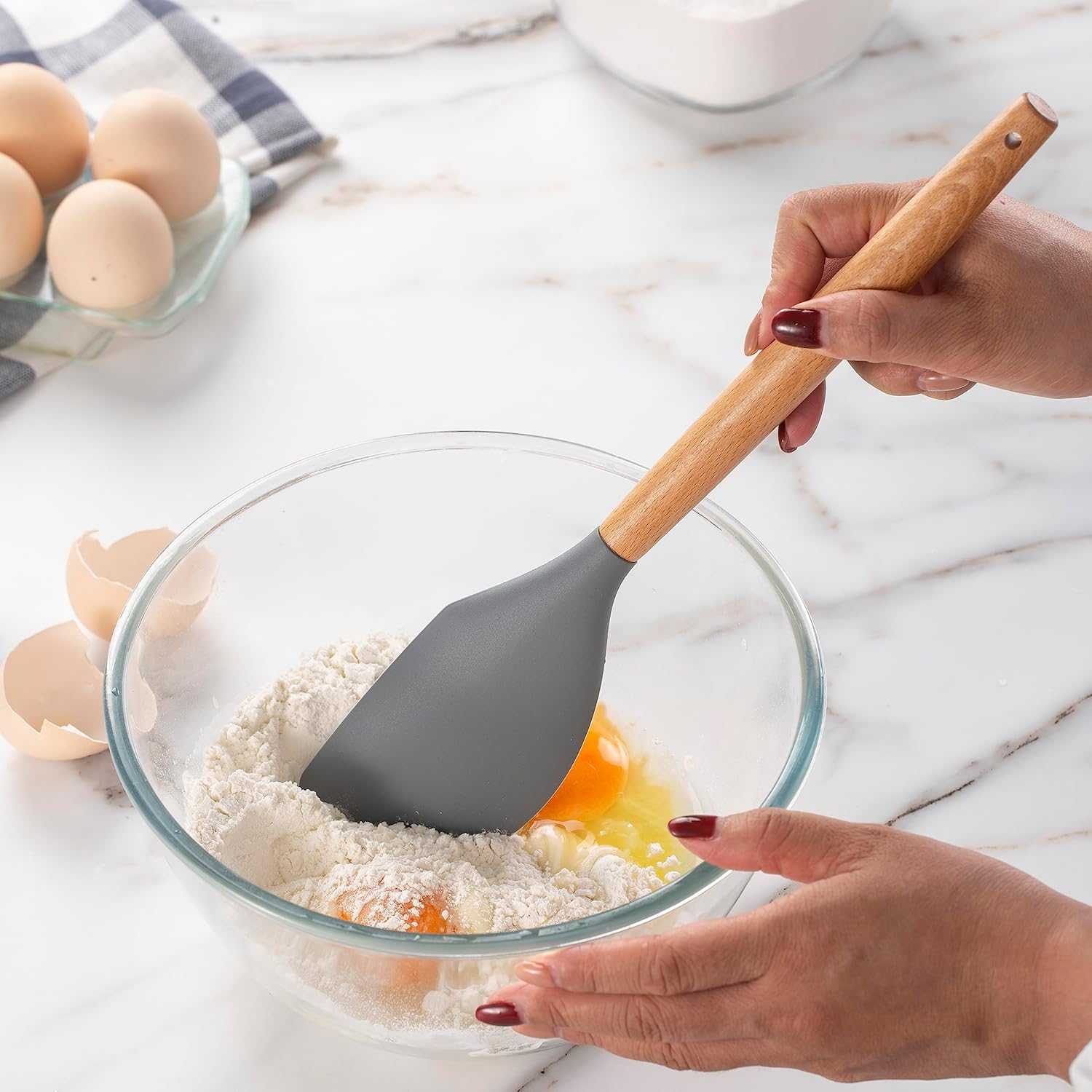 Country Kitchen Silicone Cooking Utensils, 14 Pc Kitchen Utensil Set, Easy to Clean Wooden Kitchen Utensils, Cooking Utensils for Nonstick Cookware, Kitchen Gadgets and Spatula Set, Gray9