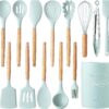 Country Kitchen Silicone Cooking Utensils, 14 Pc Kitchen Utensil Set, Easy to Clean Wooden Kitchen Utensils, Cooking Utensils for Nonstick Cookware, Kitchen Gadgets and Spatula Set, Mint