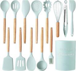 Country Kitchen Silicone Cooking Utensils, 14 Pc Kitchen Utensil Set, Easy to Clean Wooden Kitchen Utensils, Cooking Utensils for Nonstick Cookware, Kitchen Gadgets and Spatula Set, Mint