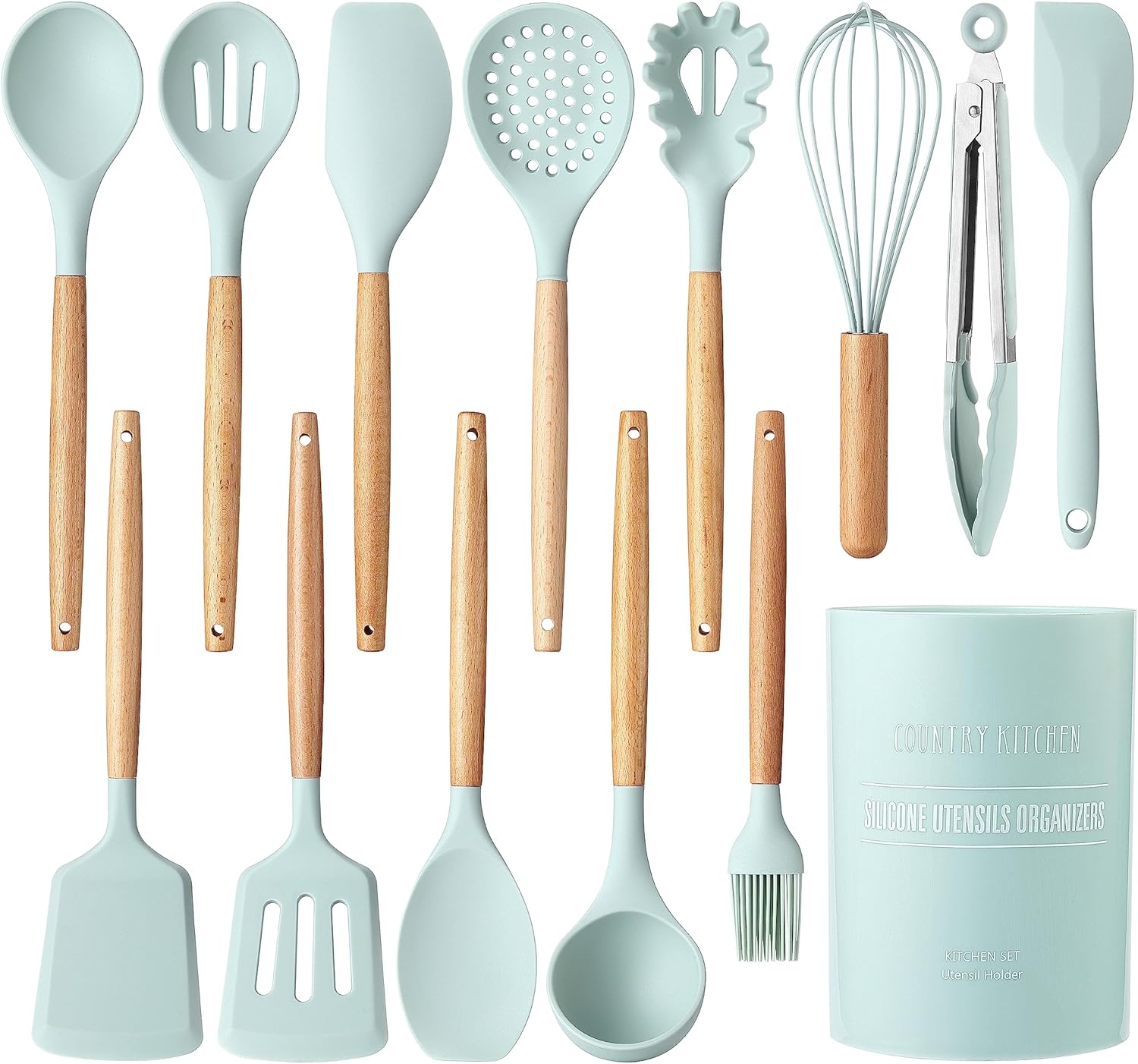 Country Kitchen Silicone Cooking Utensils, 14 Pc Kitchen Utensil Set, Easy to Clean Wooden Kitchen Utensils, Cooking Utensils for Nonstick Cookware, Kitchen Gadgets and Spatula Set, Mint Country Kitchen Silicone Cooking Utensils, 14 Pc Kitchen Utensil Set, Easy to Clean Wooden Kitchen Utensils, Cooking Utensils for Nonstick Cookware, Kitchen Gadgets and Spatula Set, Mint