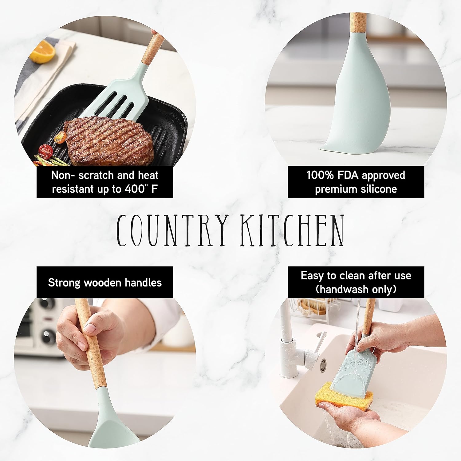 Country Kitchen Silicone Cooking Utensils, 14 Pc Kitchen Utensil Set, Easy to Clean Wooden Kitchen Utensils, Cooking Utensils for Nonstick Cookware, Kitchen Gadgets and Spatula Set, Mint1