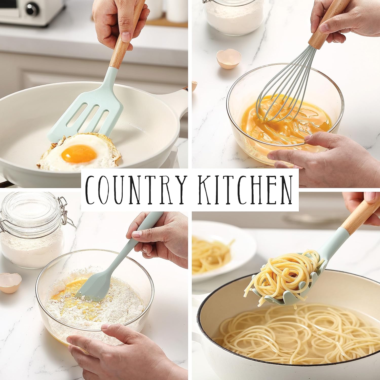 Country Kitchen Silicone Cooking Utensils, 14 Pc Kitchen Utensil Set, Easy to Clean Wooden Kitchen Utensils, Cooking Utensils for Nonstick Cookware, Kitchen Gadgets and Spatula Set, Mint3