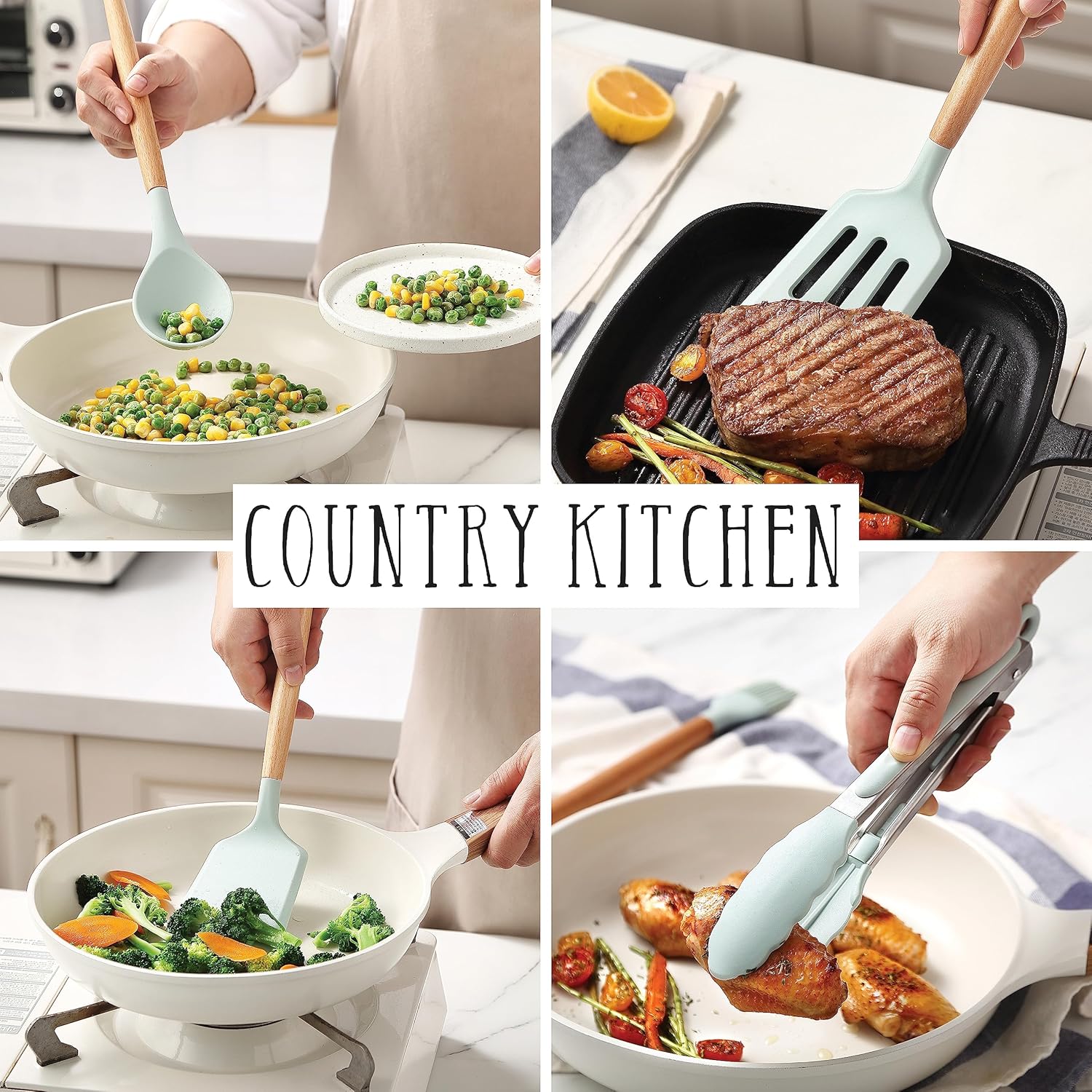 Country Kitchen Silicone Cooking Utensils, 14 Pc Kitchen Utensil Set, Easy to Clean Wooden Kitchen Utensils, Cooking Utensils for Nonstick Cookware, Kitchen Gadgets and Spatula Set, Mint4