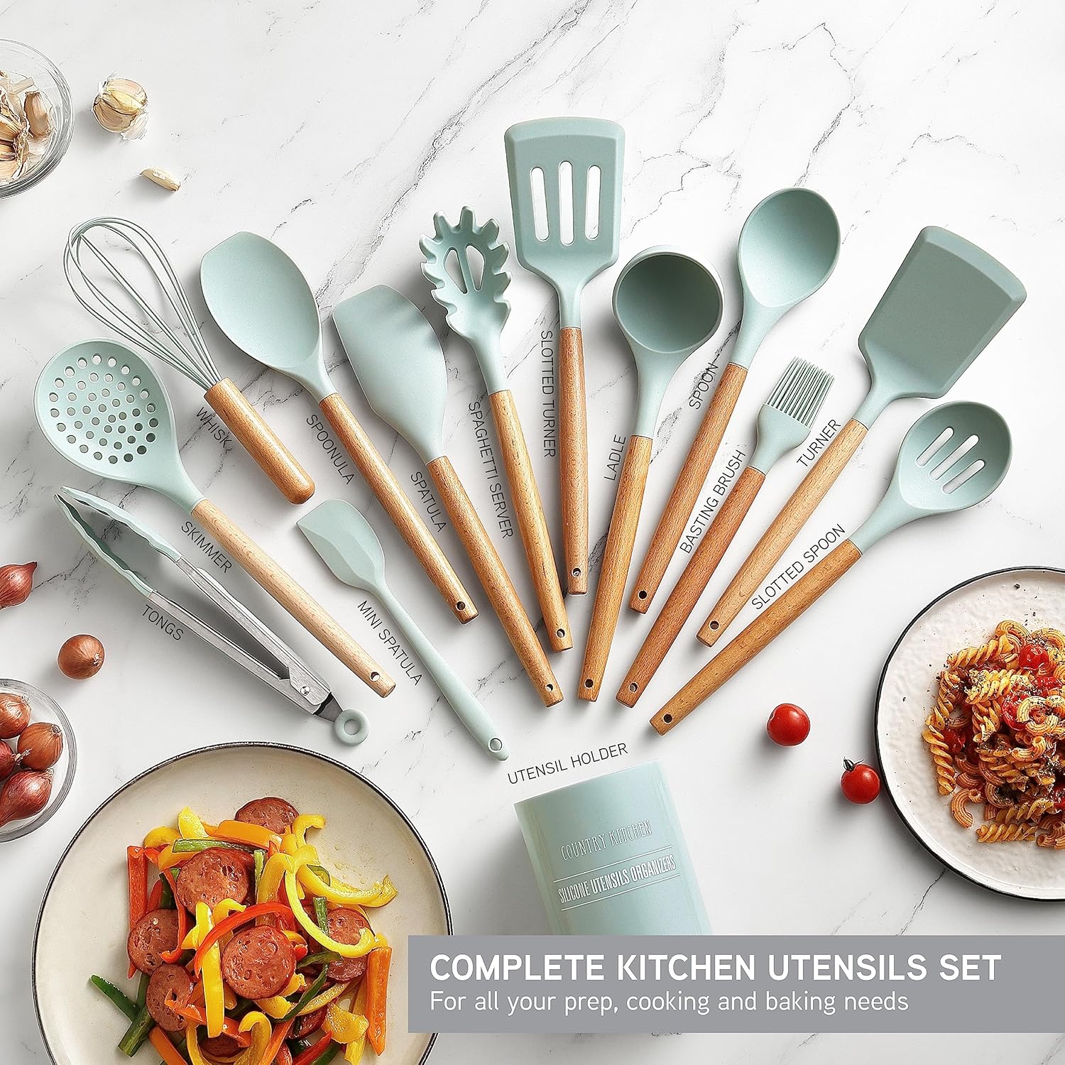 Country Kitchen Silicone Cooking Utensils, 14 Pc Kitchen Utensil Set, Easy to Clean Wooden Kitchen Utensils, Cooking Utensils for Nonstick Cookware, Kitchen Gadgets and Spatula Set, Mint6