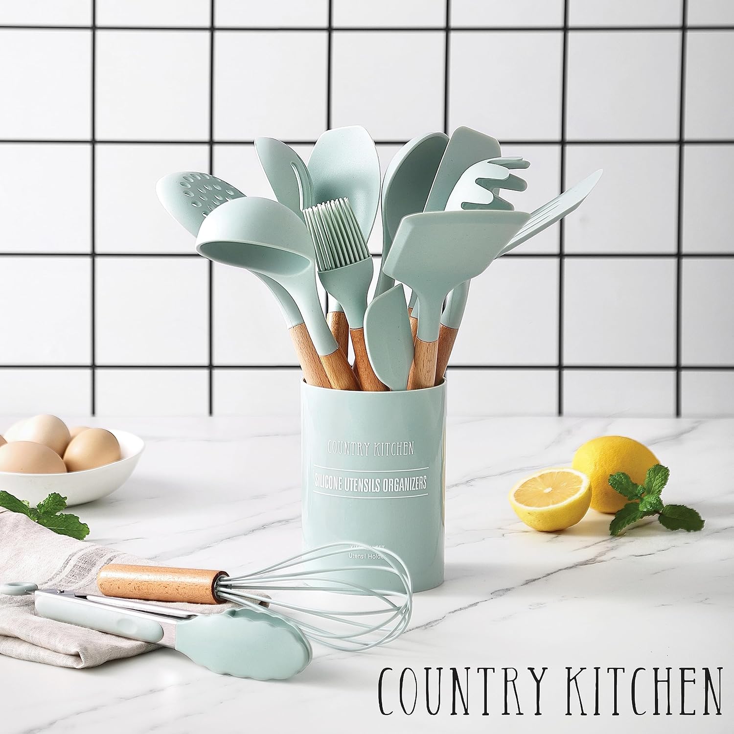 Country Kitchen Silicone Cooking Utensils, 14 Pc Kitchen Utensil Set, Easy to Clean Wooden Kitchen Utensils, Cooking Utensils for Nonstick Cookware, Kitchen Gadgets and Spatula Set, Mint8