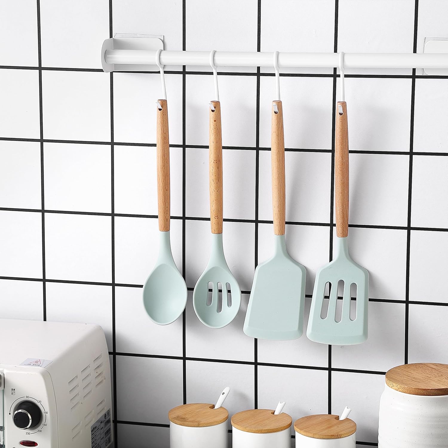 Country Kitchen Silicone Cooking Utensils, 14 Pc Kitchen Utensil Set, Easy to Clean Wooden Kitchen Utensils, Cooking Utensils for Nonstick Cookware, Kitchen Gadgets and Spatula Set, Mint9