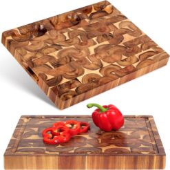 Cutting Board (17x13x1,5in) End Grain Cutting Board, Acacia Wooden Cutting Board, Butcher Block, Chopping Board - Reversible Multipurpose For Kitchen with Juice Groove, Cracker Holder & Inner Handles.