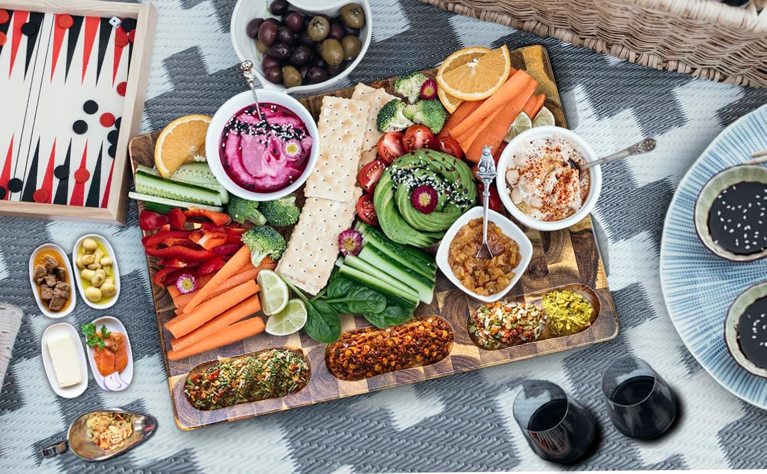 Cutting Board (17x13x1,5in) End Grain Cutting Board, Acacia Wooden Cutting Board, Butcher Block, Chopping Board - Reversible Multipurpose For Kitchen with Juice Groove, Cracker Holder & Inner Handles.-