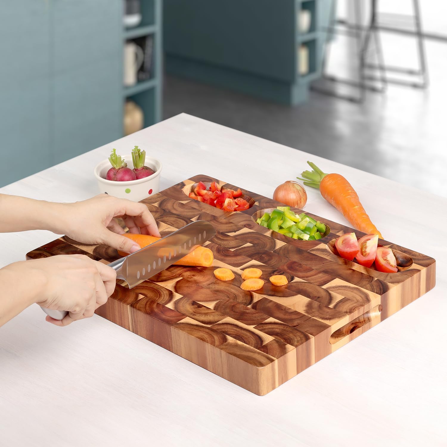 Cutting Board (17x13x1,5in) End Grain Cutting Board, Acacia Wooden Cutting Board, Butcher Block, Chopping Board - Reversible Multipurpose For Kitchen with Juice Groove, Cracker Holder & Inner Handles.0