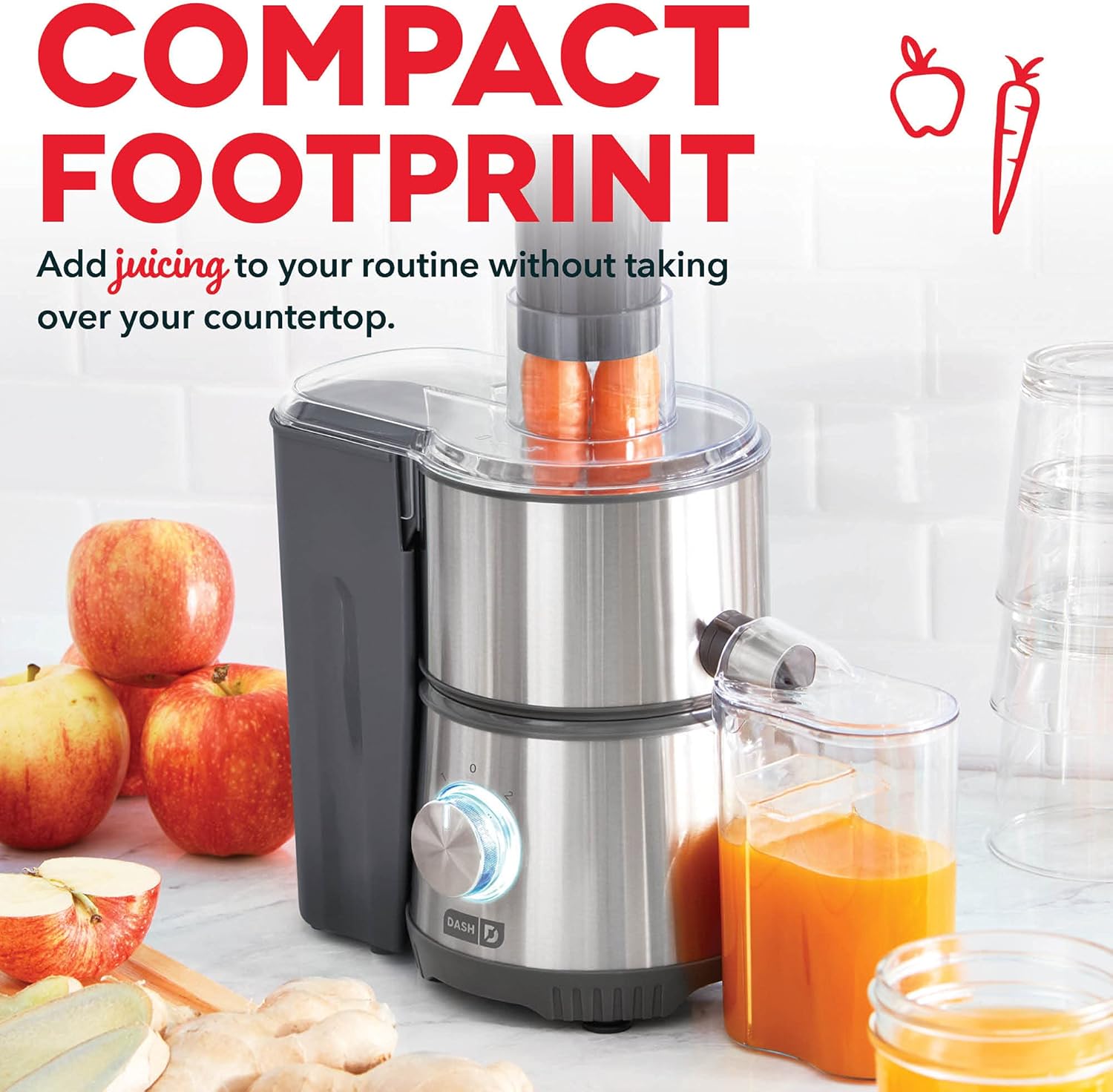 Dash Compact Centrifugal Juicer, Press Juicing Machine, 2-Speed, 2 Wide Feed Chute for Whole Fruit Vegetable, Anti-drip, Stainless Steel Sieve - Cool Grey4