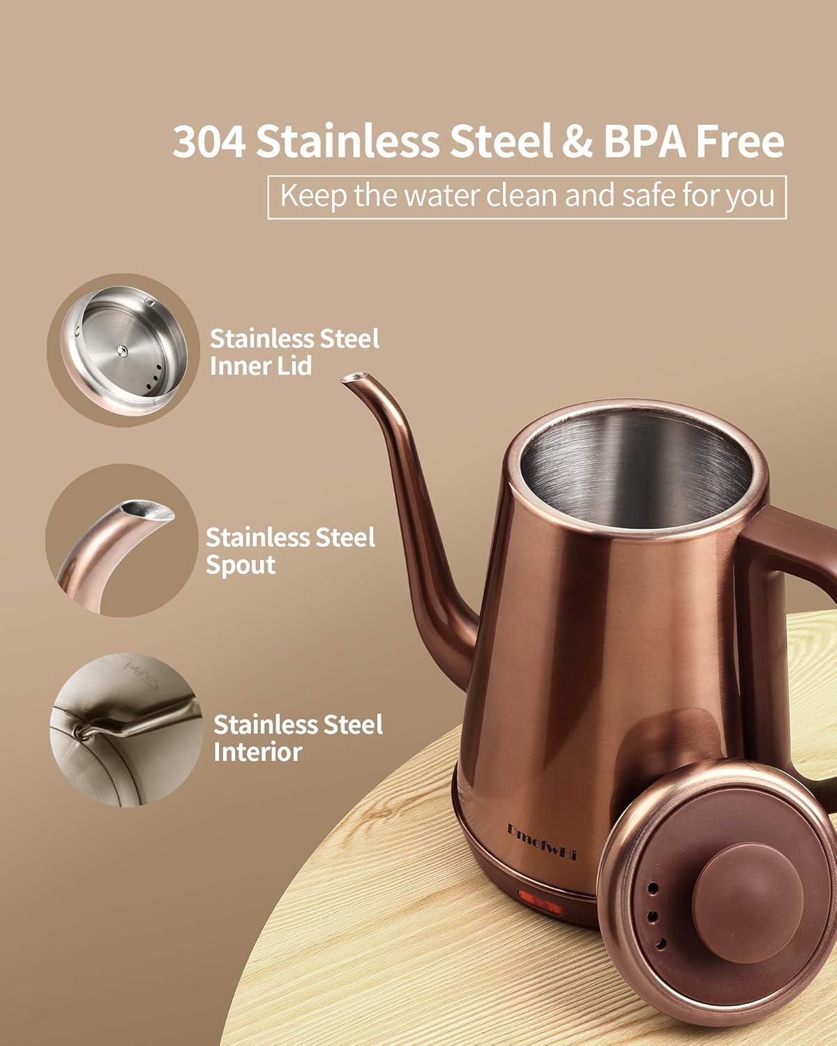 DmofwHi 1000W Gooseneck Electric Kettle (1.0L),100% Stainless Steel BPA Free Tea Kettle with Auto Shut - Off Protection, Pour Over Coffee Kettle -Copper3