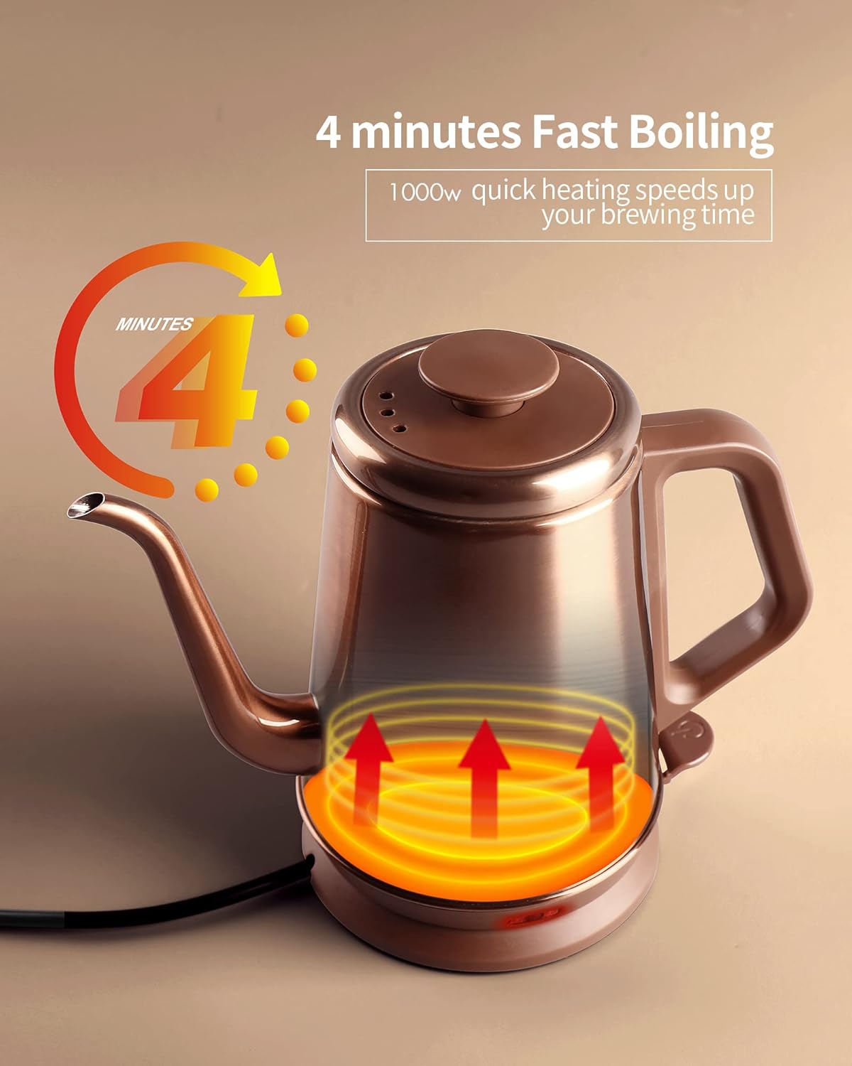 DmofwHi 1000W Gooseneck Electric Kettle (1.0L),100% Stainless Steel BPA Free Tea Kettle with Auto Shut - Off Protection, Pour Over Coffee Kettle -Copper6