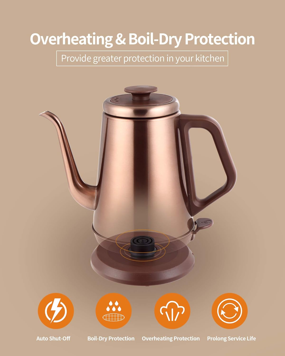 DmofwHi 1000W Gooseneck Electric Kettle (1.0L),100% Stainless Steel BPA Free Tea Kettle with Auto Shut - Off Protection, Pour Over Coffee Kettle -Copper7