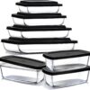 EATEX 7-Pack Glass Food Storage Containers with Lids, Baking Pans Set, Glass Baking Dishes for Oven | 3 Bread Pans for Bread Baking & 4 Casserole Dish Lasagna Pans, Oven Microwave Freezer Safe Black