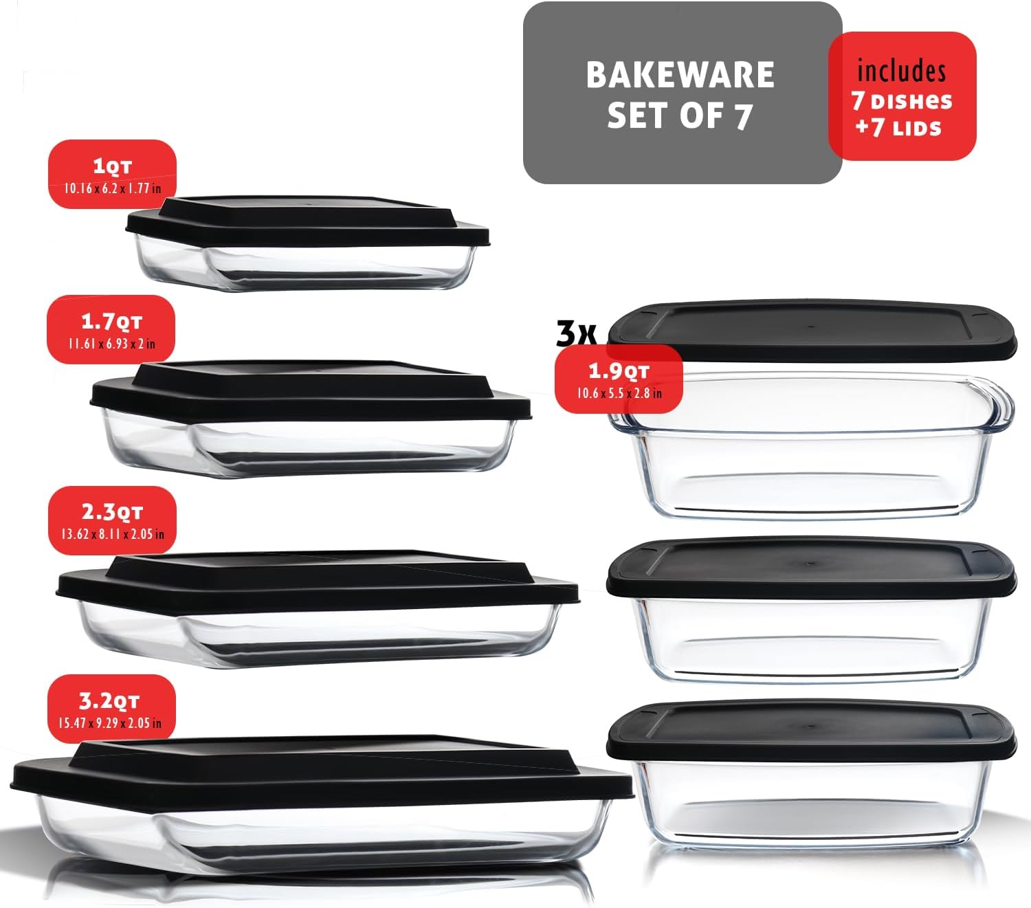EATEX 7-Pack Glass Food Storage Containers with Lids, Baking Pans Set, Glass Baking Dishes for Oven 3 Bread Pans for Bread Baking & 4 Casserole Dish Lasagna Pans, Oven Microwave Freezer Safe Black1