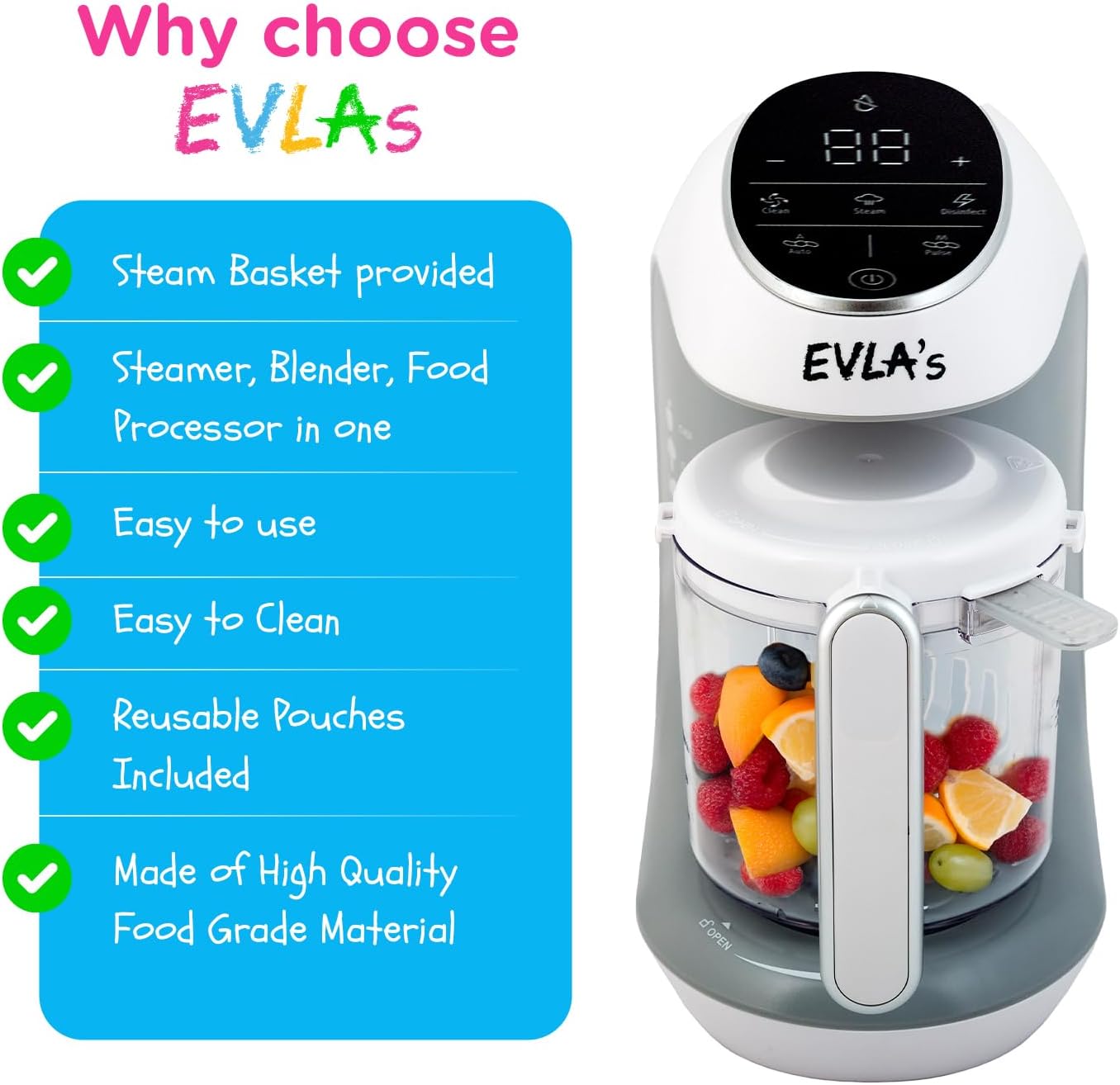 EVLA'S Baby Food Maker, Steamer, Blender, Baby Food Processor for Healthy Homemade Baby Food in Minutes, Touch Screen with 6 Reusable Food Pouches, Baby Registry Essential, White1