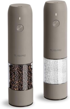 Electric Salt and Pepper Grinder Set, USB Rechargeable, Automatic Salt and Pepper Mill Grinder with Adjustable Coarseness, Electric Salt Shakers, LED Light, Refillable (2 Packs, Greige)