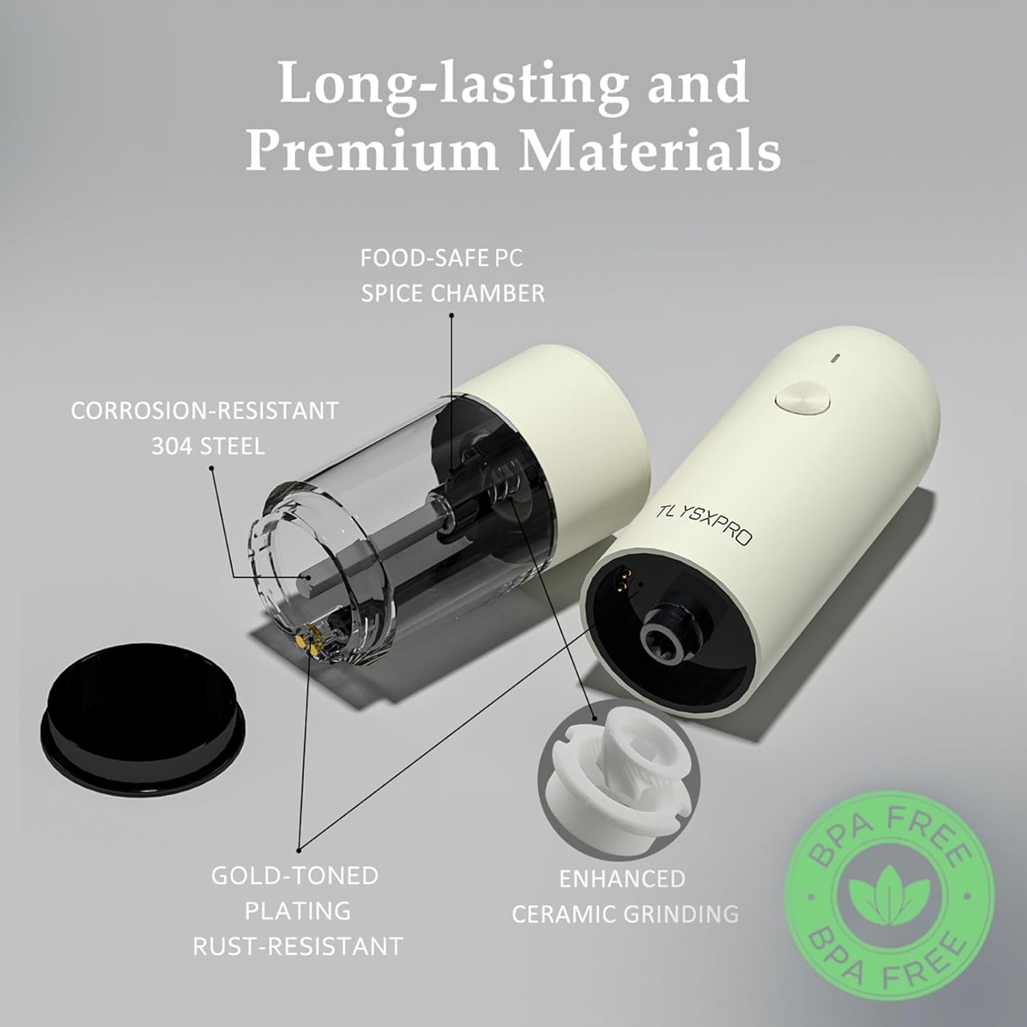 Electric Salt and Pepper Grinder Set, USB Rechargeable, Automatic Salt and Pepper Mill Grinder with Adjustable Coarseness, Electric Salt Shakers, LED Light, Refillable (2 Packs, Greige&Buttercream)3