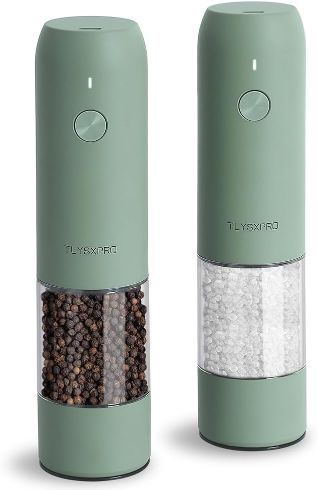 Electric Salt and Pepper Grinder Set, USB Rechargeable, Automatic Salt and Pepper Mill Grinder with Adjustable Coarseness, Electric Salt Shakers, LED Light, Refillable (2 Packs, Sage) Electric Salt and Pepper Grinder Set, USB Rechargeable, Automatic Salt and Pepper Mill Grinder with Adjustable Coarseness, Electric Salt Shakers, LED Light, Refillable (2 Packs, Sage)