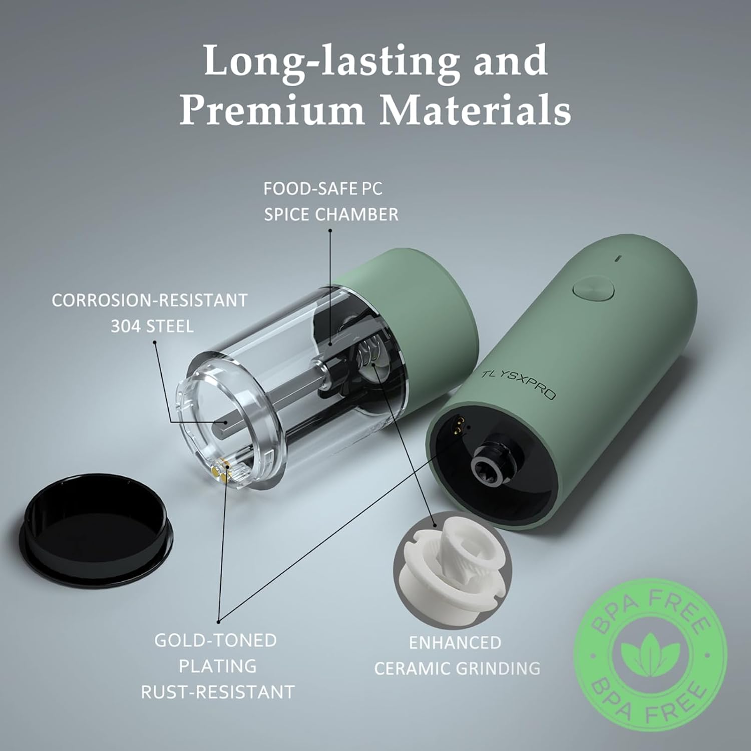 Electric Salt and Pepper Grinder Set, USB Rechargeable, Automatic Salt and Pepper Mill Grinder with Adjustable Coarseness, Electric Salt Shakers, LED Light, Refillable (2 Packs, Sage)4