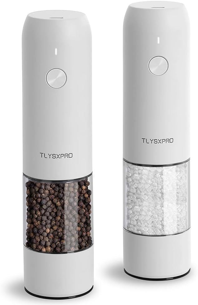 Electric Salt and Pepper Grinder Set, USB Rechargeable, Automatic Salt and Pepper Mill Grinder with Adjustable Coarseness, Electric Salt Shakers, LED Light, Refillable (2 Packs, White) Electric Salt and Pepper Grinder Set, USB Rechargeable, Automatic Salt and Pepper Mill Grinder with Adjustable Coarseness, Electric Salt Shakers, LED Light, Refillable (2 Packs, White)