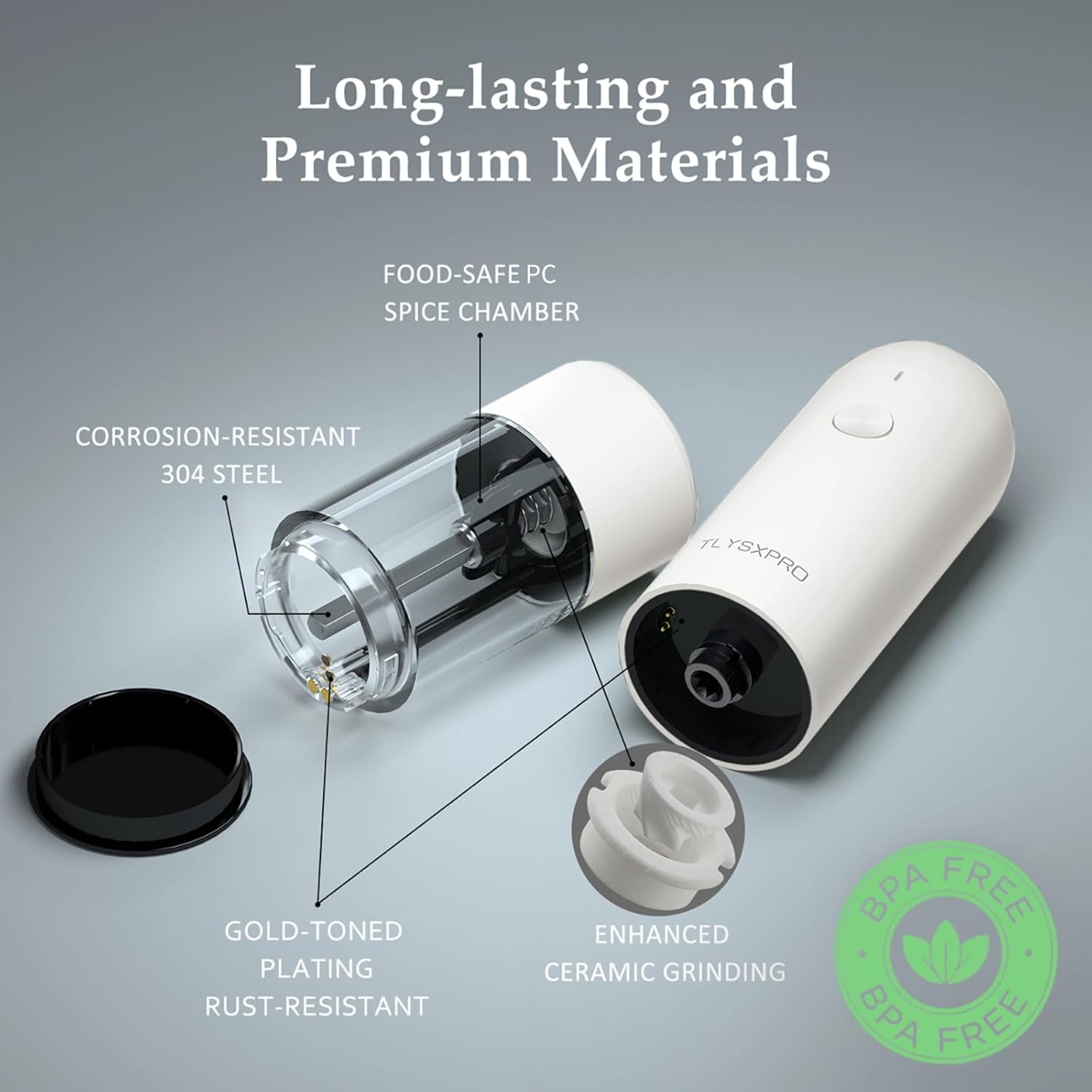 Electric Salt and Pepper Grinder Set, USB Rechargeable, Automatic Salt and Pepper Mill Grinder with Adjustable Coarseness, Electric Salt Shakers, LED Light, Refillable (2 Packs, White)2