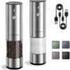Electric Salt and Pepper Grinder Set, USB Rechargeable, Stainless Steel Automatic Salt and Pepper Mill Grinder with Adjustable Coarseness, Electric Salt Shakers, LED Light, Refillable (2 Packs)