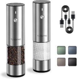 Electric Salt and Pepper Grinder Set, USB Rechargeable, Stainless Steel Automatic Salt and Pepper Mill Grinder with Adjustable Coarseness, Electric Salt Shakers, LED Light, Refillable (2 Packs)