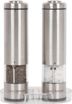 Electric Salt and Pepper Grinder Set (pack of 2) - Stainless Steel Battery Operated Salt & Pepper Mills with Light - Complimentary Mill Rest- One Handed Operation Adjustable Ceramic Grinders