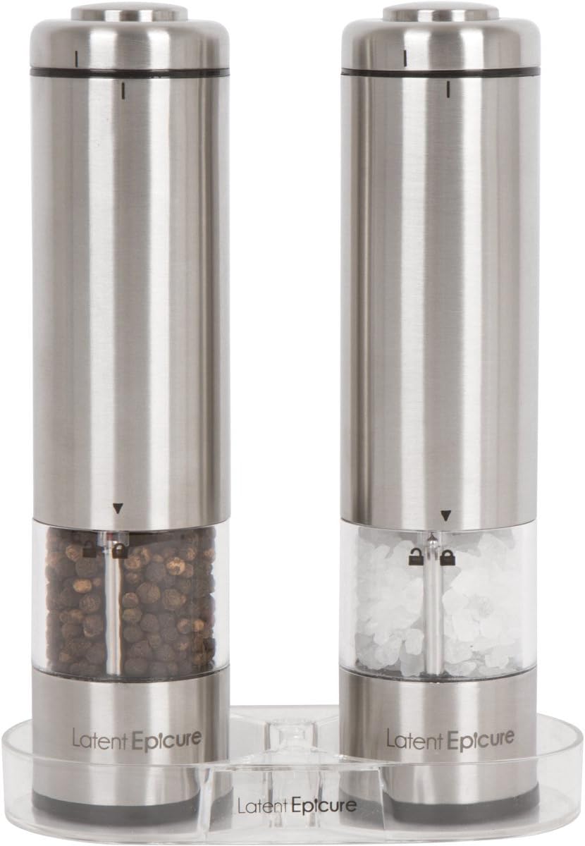 Electric Salt and Pepper Grinder Set (pack of 2) - Stainless Steel Battery Operated Salt & Pepper Mills with Light - Complimentary Mill Rest- One Handed Operation Adjustable Ceramic Grinders Electric Salt and Pepper Grinder Set (pack of 2) - Stainless Steel Battery Operated Salt & Pepper Mills with Light - Complimentary Mill Rest- One Handed Operation Adjustable Ceramic Grinders