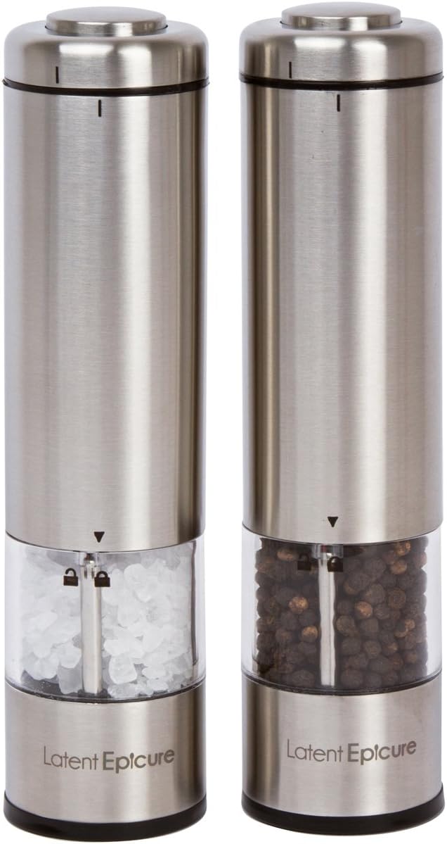 Electric Salt and Pepper Grinder Set (pack of 2) - Stainless Steel Battery Operated Salt & Pepper Mills with Light - Complimentary Mill Rest- One Handed Operation Adjustable Ceramic Grinders3