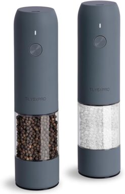 Electric Salt and Pepper Grinder Set with USB Rechargeable, Automatic One Hand Operation with Adjustable Coarseness, Pepper Mill Grinder Refillable with LED Light (2 Packs, Blue-Grey)