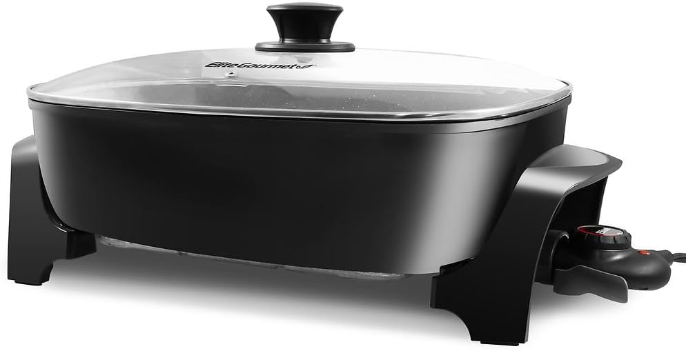 Elite Gourmet EG-6203# Extra Deep 16x13x3.2 (10.5Qt.) Scratch Resistant, Easy Pour Spout Dishwasher Safe, Non-stick Electric Skillet with Glass Vented Lid, Adjustable Temperature, Black Elite Gourmet EG-6203# Extra Deep 16"x13"x3.2" (10.5Qt.) Scratch Resistant, Easy Pour Spout Dishwasher Safe, Non-stick Electric Skillet with Glass Vented Lid, Adjustable Temperature, Black