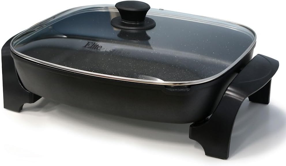 Elite Gourmet EG-6203# Extra Deep 16x13x3.2 (10.5Qt.) Scratch Resistant, Easy Pour Spout Dishwasher Safe, Non-stick Electric Skillet with Glass Vented Lid, Adjustable Temperature, Black1