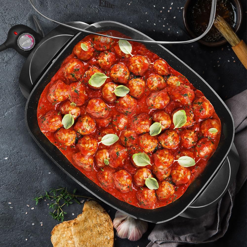 Elite Gourmet EG-6203# Extra Deep 16x13x3.2 (10.5Qt.) Scratch Resistant, Easy Pour Spout Dishwasher Safe, Non-stick Electric Skillet with Glass Vented Lid, Adjustable Temperature, Black4
