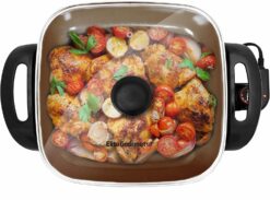 Elite Gourmet EG3033 12"x12"x2.35” Healthy Ceramic with Titanium Coated Scratch Resistant Electric Skillet, Dishwasher Safe, Rapid Heat Up, 1200W, Dark Grey, 6 Quart