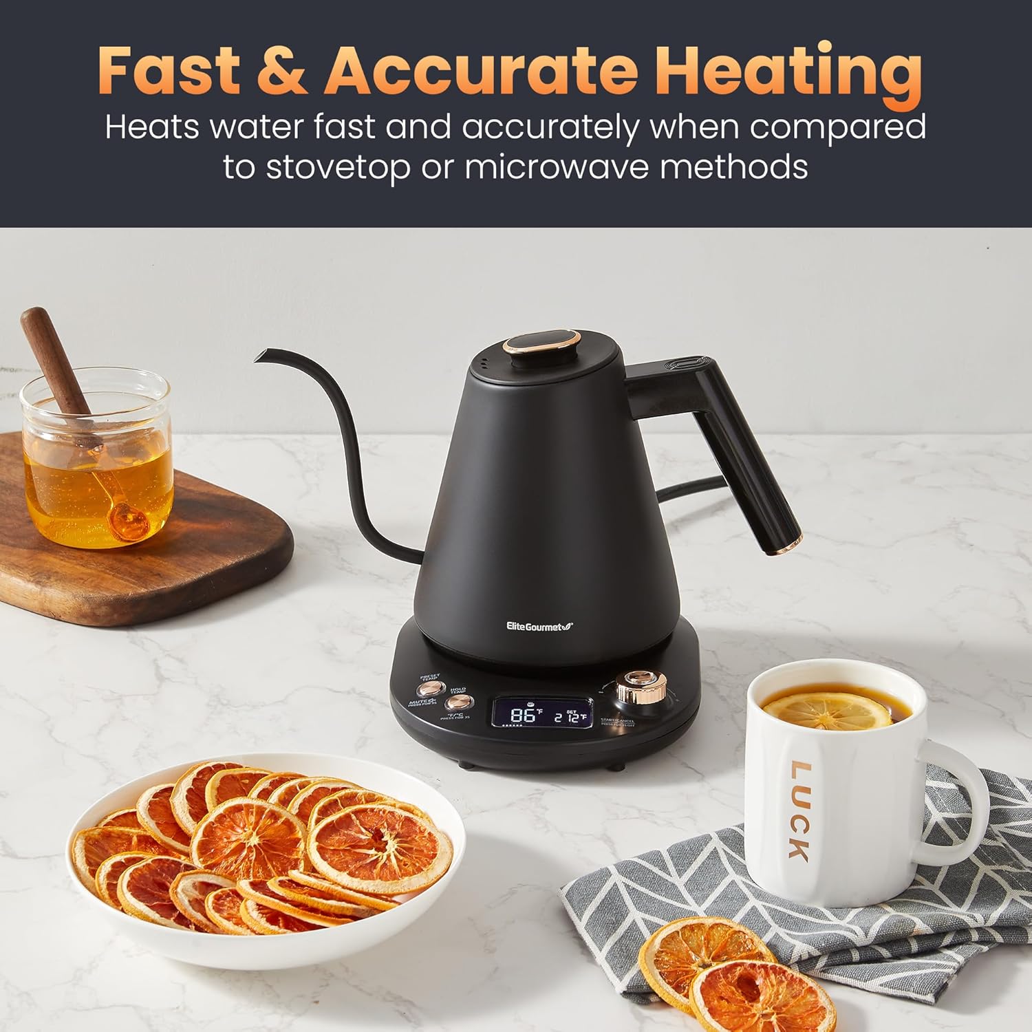 Elite Gourmet EKT3001 1L Digital #304 Stainless Steel Interior 1200W Kettle Pre-Programmed Temperatures, Keep Warm, Cordless, 360° Base, 90° Gooseneck Spout, Auto Shut-Off Function, Matte Black0