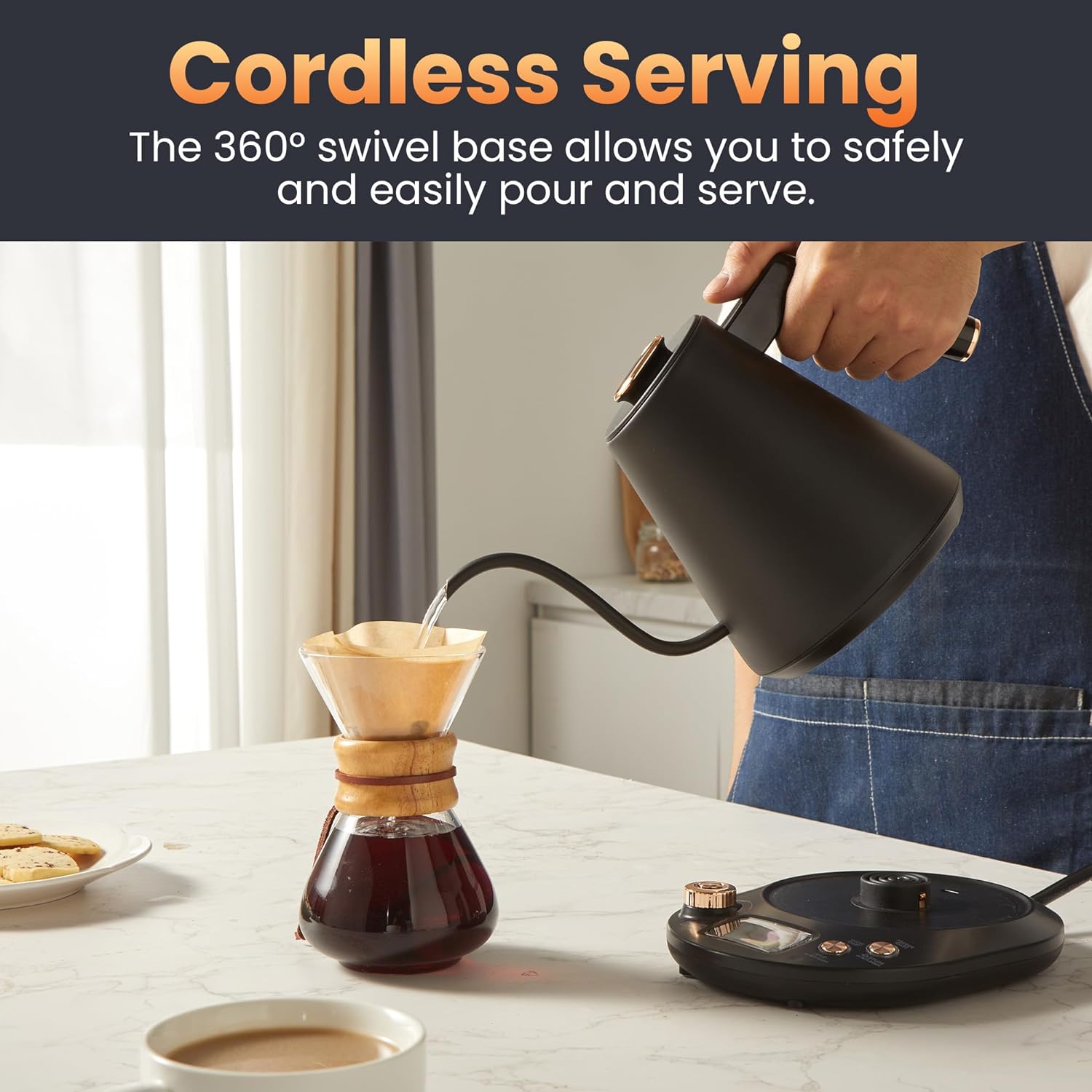 Elite Gourmet EKT3001 1L Digital #304 Stainless Steel Interior 1200W Kettle Pre-Programmed Temperatures, Keep Warm, Cordless, 360° Base, 90° Gooseneck Spout, Auto Shut-Off Function, Matte Black3