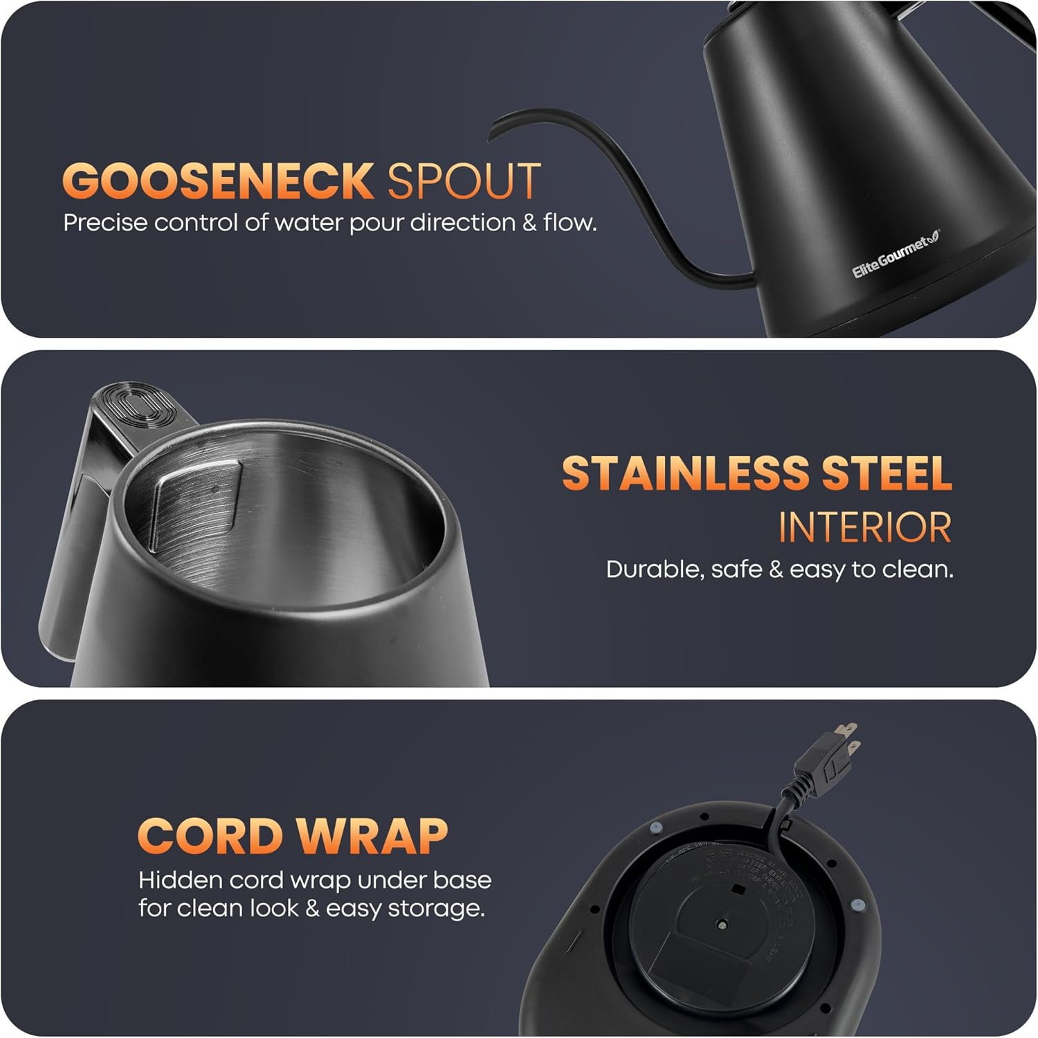 Elite Gourmet EKT3001 1L Digital #304 Stainless Steel Interior 1200W Kettle Pre-Programmed Temperatures, Keep Warm, Cordless, 360° Base, 90° Gooseneck Spout, Auto Shut-Off Function, Matte Black56