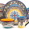 Euro Ceramica Zanzibar Collection 16 Piece Dinnerware Set Kitchen and Dining, Service for 4, Spanish Floral Design, Multicolor, Blue and Yellow
