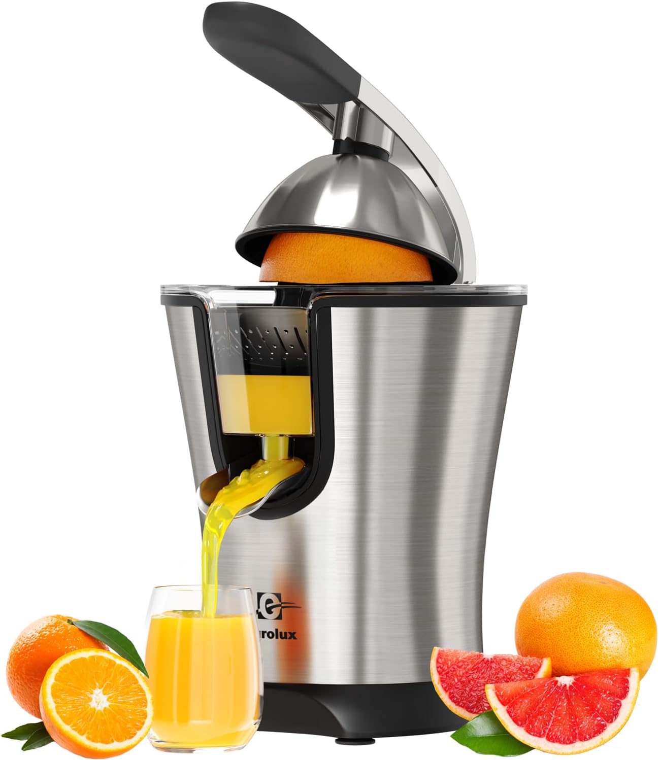 Eurolux Premium Electric Orange Juicer Stainless Steel Citrus Squeezer With New Ultra-Powerful Motor and Soft Grip Handle for Effortless Juicing, Auto Shutoff, Stainless Steel Eurolux Premium Electric Orange Juicer | Stainless Steel Citrus Squeezer With New Ultra-Powerful Motor and Soft Grip Handle for Effortless Juicing, Auto Shutoff, Dishwasher-safe Parts, Pulp Control, Stainless Steel