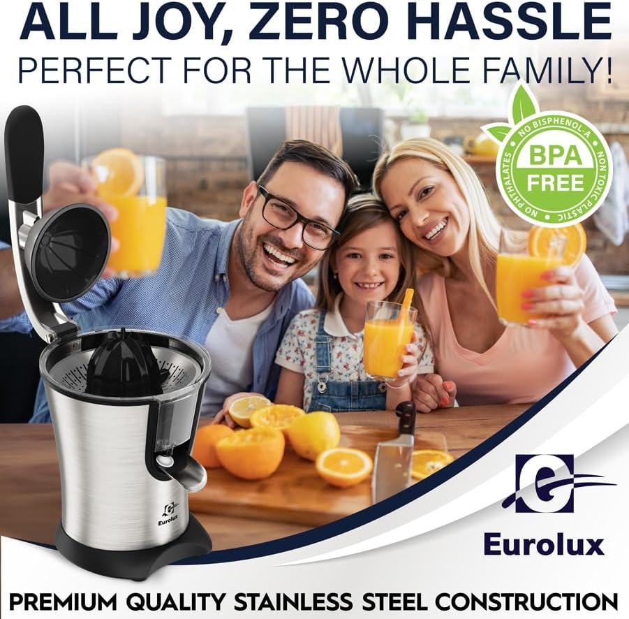 Eurolux Premium Electric Orange Juicer Stainless Steel Citrus Squeezer With New Ultra-Powerful Motor and Soft Grip Handle for Effortless Juicing, Auto Shutoff, Stainless Steel0