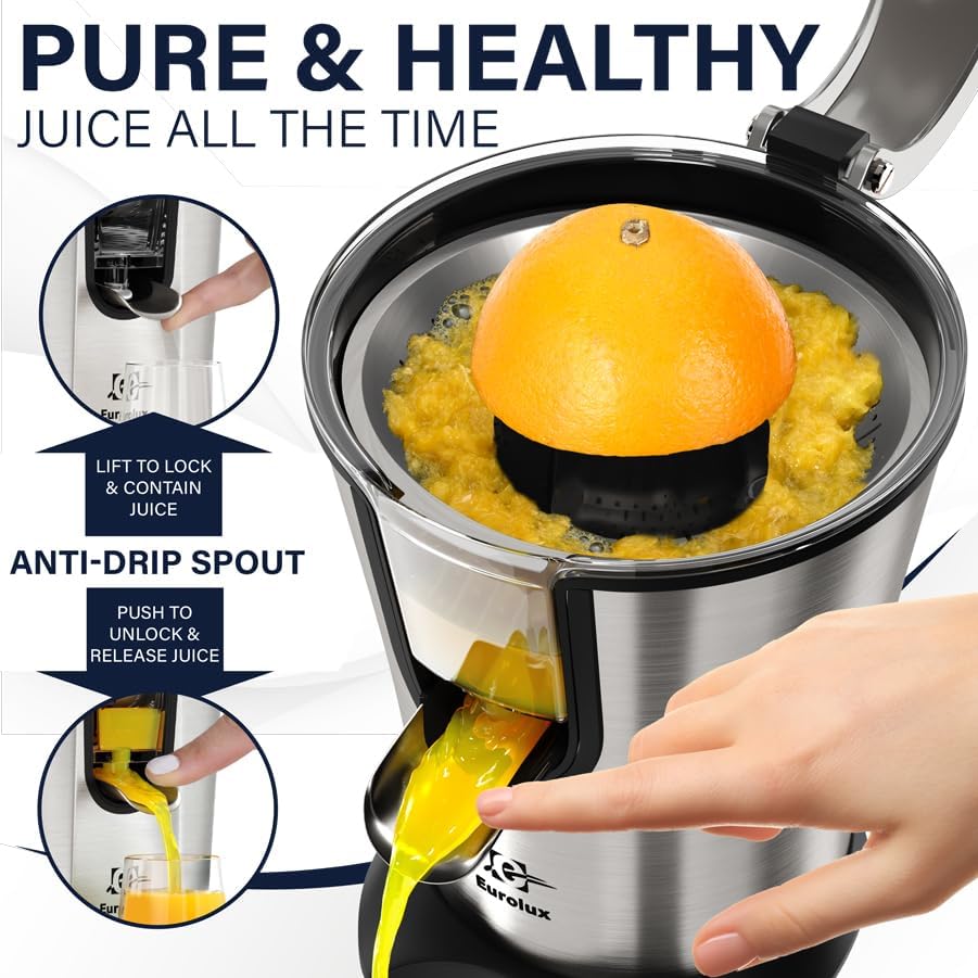 Eurolux Premium Electric Orange Juicer Stainless Steel Citrus Squeezer With New Ultra-Powerful Motor and Soft Grip Handle for Effortless Juicing, Auto Shutoff, Stainless Steel1