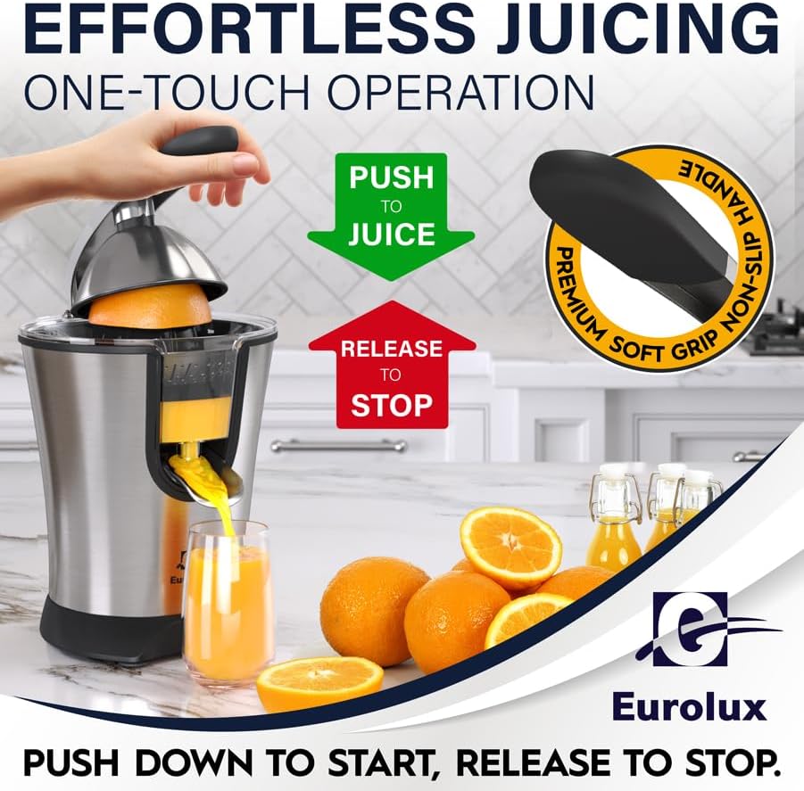 Eurolux Premium Electric Orange Juicer Stainless Steel Citrus Squeezer With New Ultra-Powerful Motor and Soft Grip Handle for Effortless Juicing, Auto Shutoff, Stainless Steel2