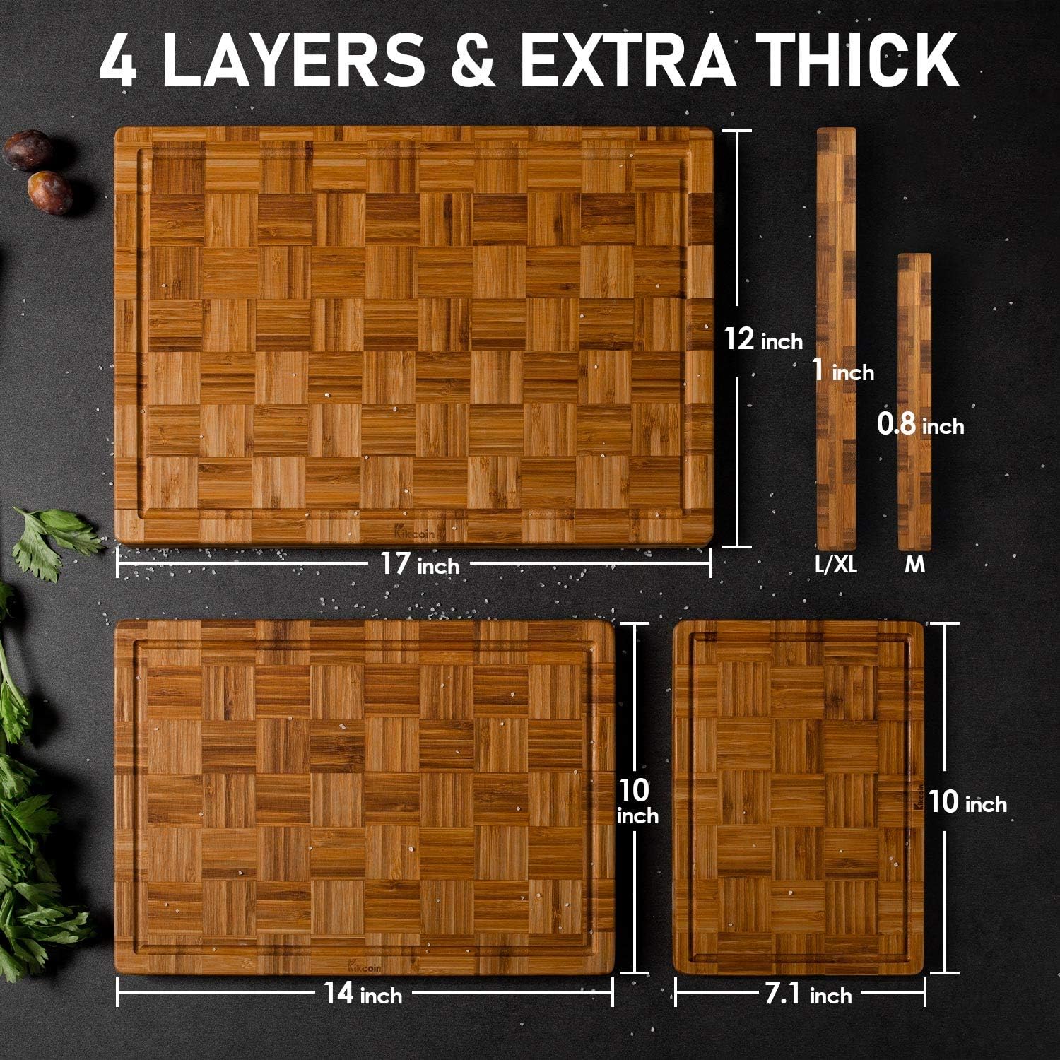 Extra Large Bamboo Cutting Boards, (Set of 3) Chopping Boards with Juice Groove Bamboo Wood Cutting Board Set Butcher Block for Kitchen, End Grain Serving Tray by Kikcoin1